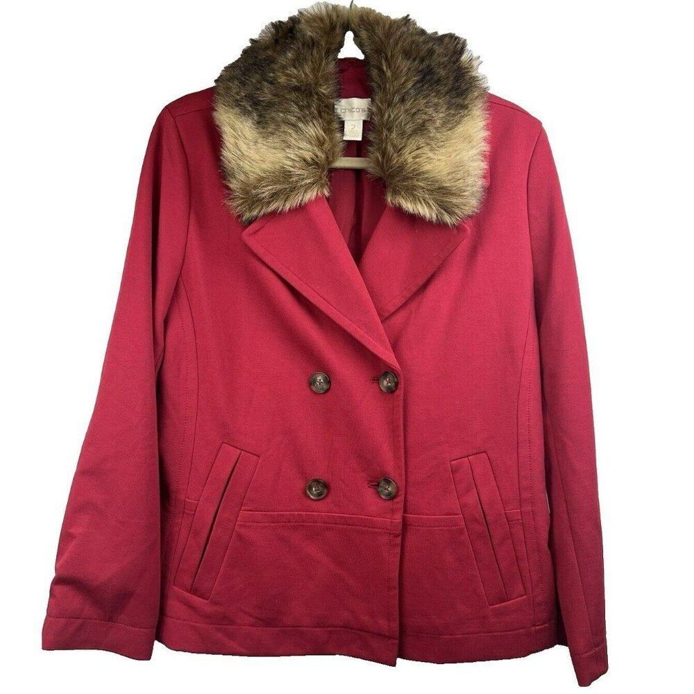 Chico's Women Coat Large Faux Fur Removable Collar Red Lined Long Sleeve‎ Button